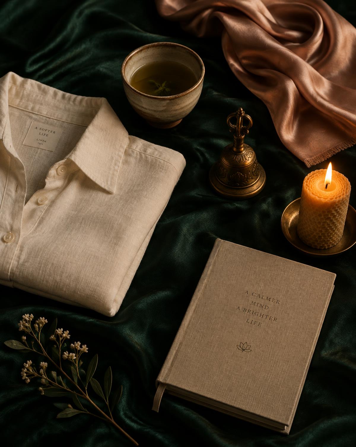 Linen shirt, silk scarf, tea cup, brass bell, journal and candle on emerald silk